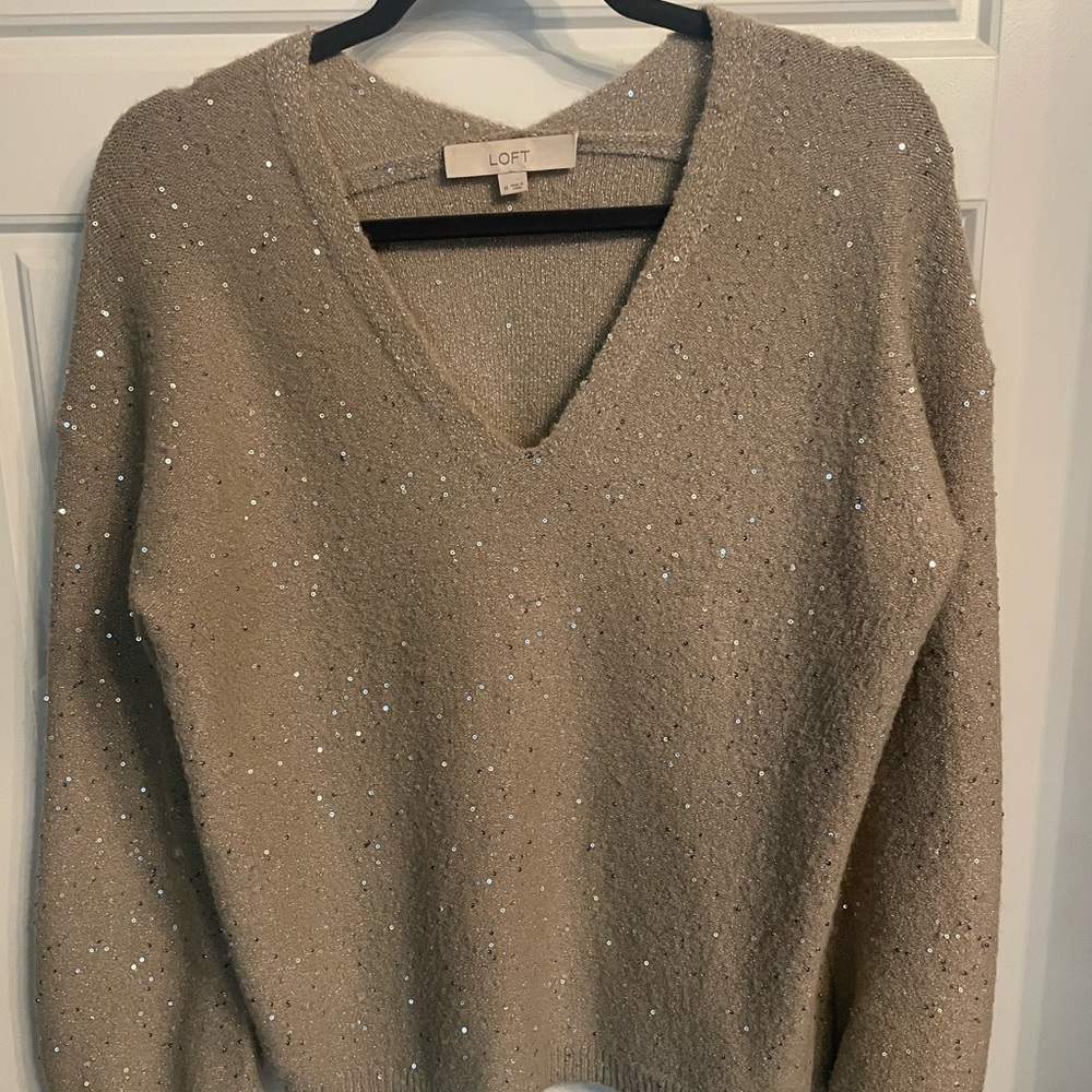 LOFT Tan V-Neck Sweater with Silver Shimmer